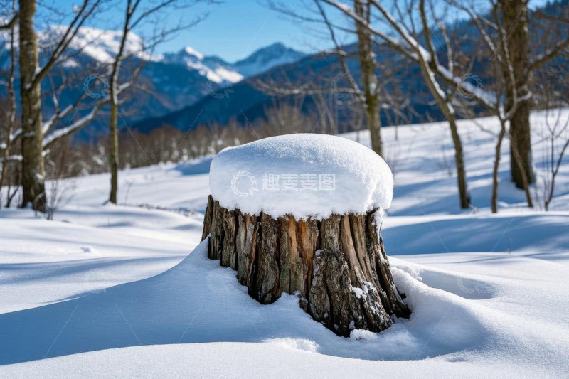高清大图下载【趣麦麦图】雪覆树桩的冬日山林景象