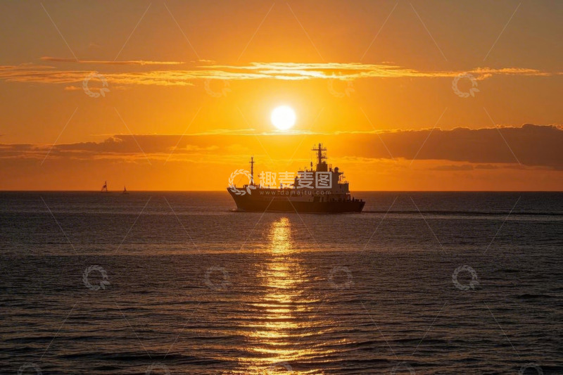 高清大图下载【趣麦麦图】海上夕阳下航行的船只