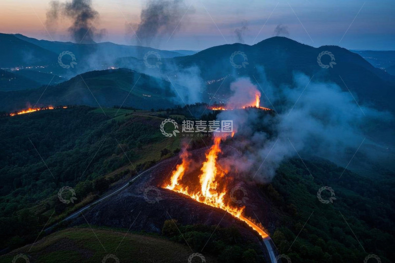 高清大图下载【趣麦麦图】山间森林火灾航拍景象