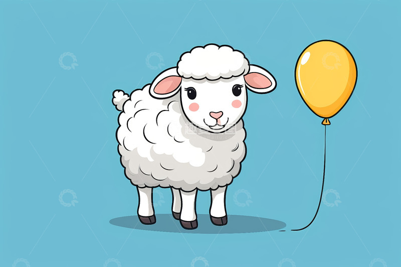 高清大图下载【趣麦麦图】卡通绵羊与黄色气球插画