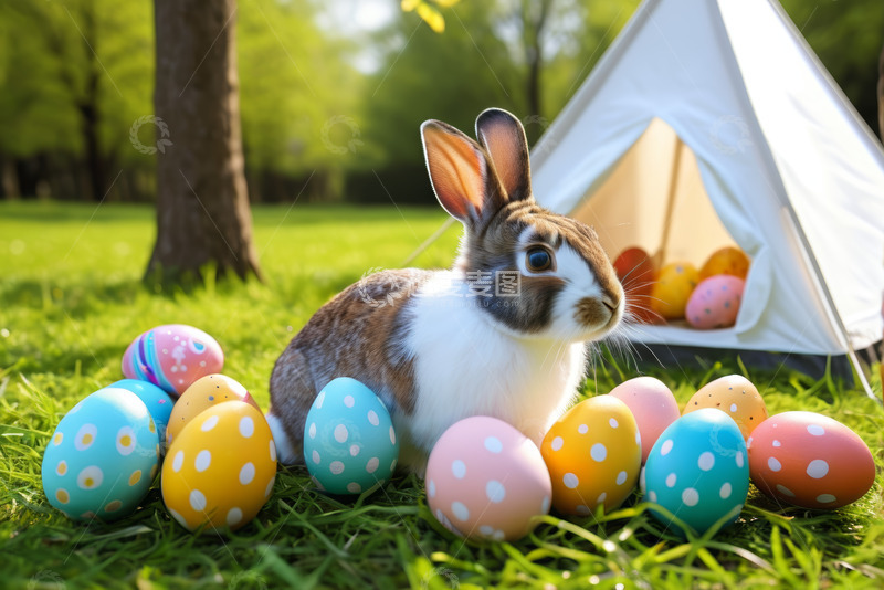 高清大图下载【趣麦麦图】草地上兔子与复活节彩蛋