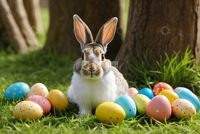 高清大图下载【趣麦麦图】草地上的复活节兔子与彩蛋