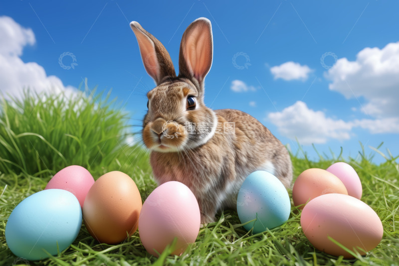 高清大图下载【趣麦麦图】草地上复活节兔子与彩蛋