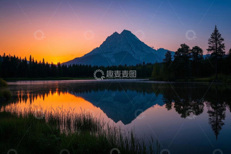 高清大图下载【趣麦麦图】湖畔山林日出自然风光