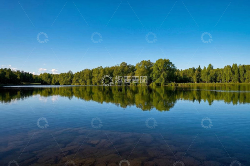 高清大图下载【趣麦麦图】森林旁平静湖面自然风光