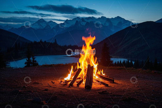 湖畔山间篝火夜景