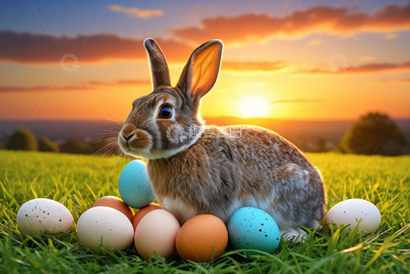 高清大图下载【趣麦麦图】草地上的兔子与复活节彩蛋