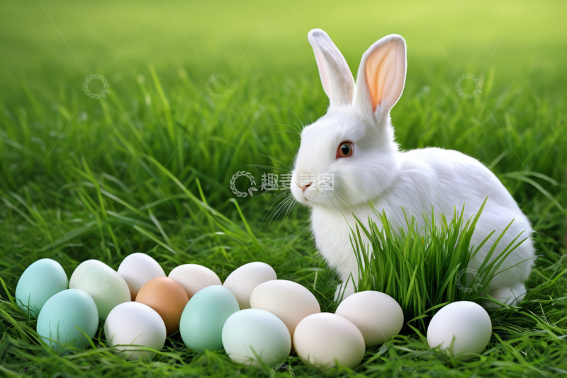高清大图下载【趣麦麦图】草地上的复活节兔子与彩蛋