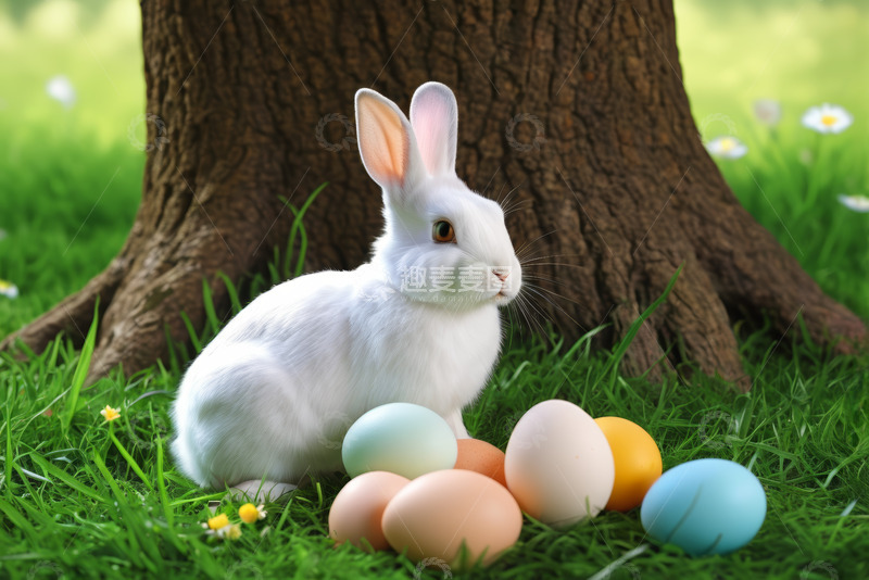 高清大图下载【趣麦麦图】树下白兔与彩色鸡蛋素材