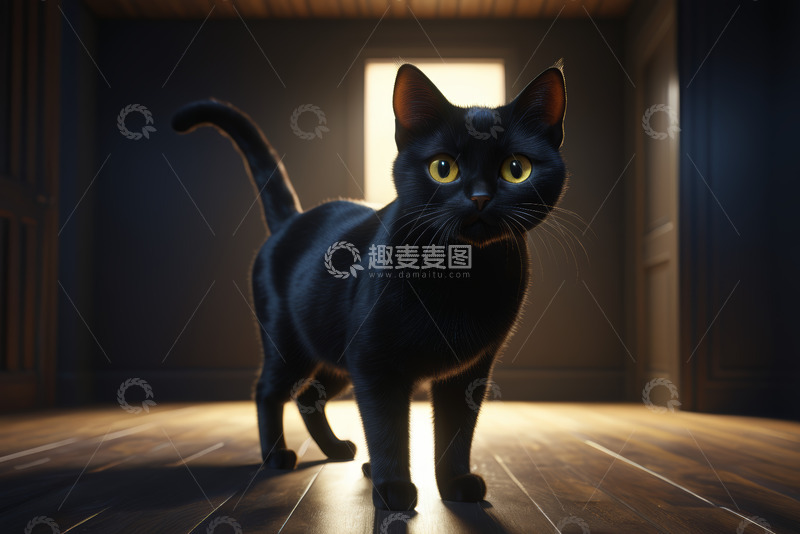 高清大图下载【趣麦麦图】室内黑猫站立特写