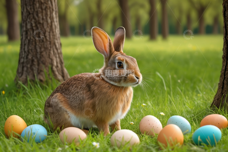 高清大图下载【趣麦麦图】草地上的复活节兔子与彩蛋
