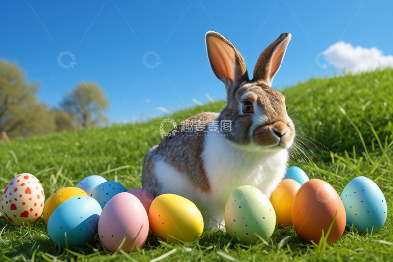 高清大图下载【趣麦麦图】草地上复活节兔子与彩蛋