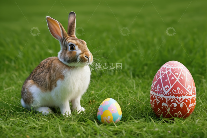 高清大图下载【趣麦麦图】草地上的复活节兔子与彩蛋