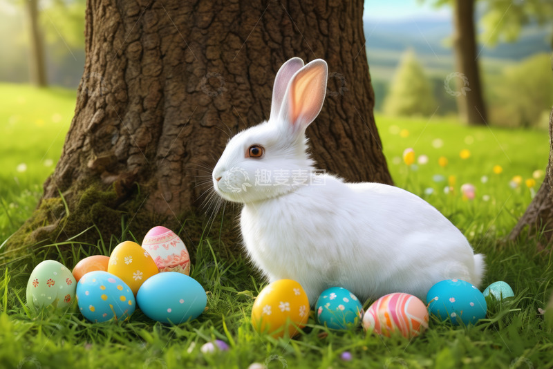 高清大图下载【趣麦麦图】树下白兔与复活节彩蛋