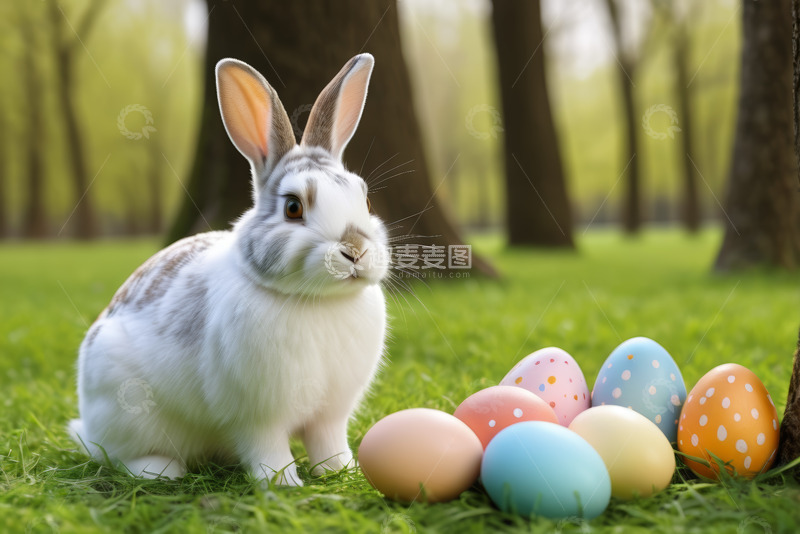 高清大图下载【趣麦麦图】草地上的兔子与复活节彩蛋