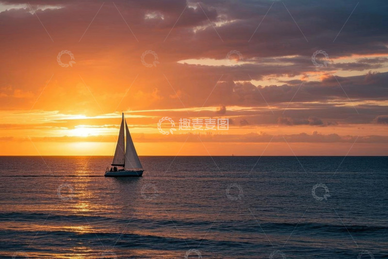 高清大图下载【趣麦麦图】海上帆船日落景象