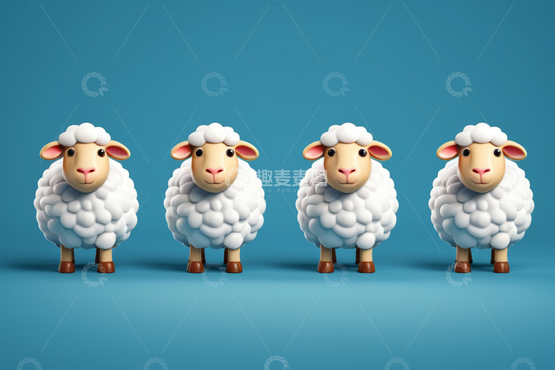 高清大图下载【趣麦麦图】四只卡通绵羊蓝色背景展示