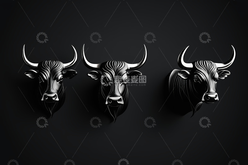 高清大图下载【趣麦麦图】三个金属质感牛头造型