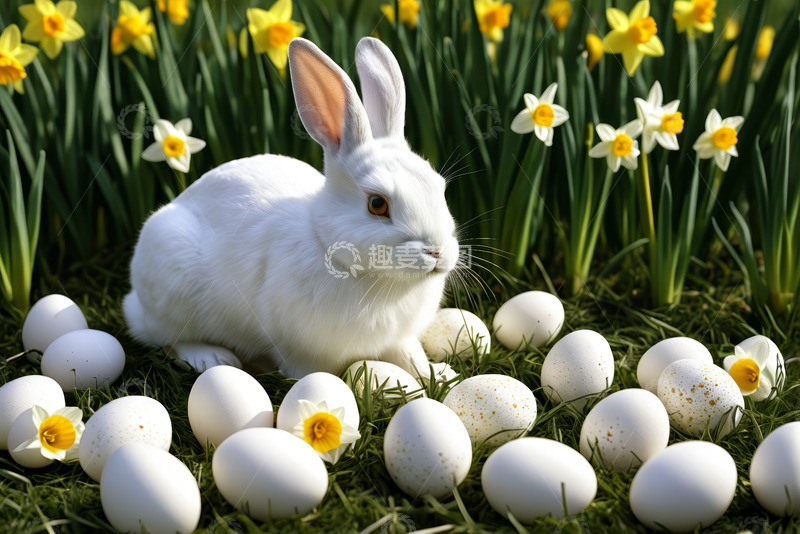 高清大图下载【趣麦麦图】白兔置身水仙花丛与彩蛋相伴