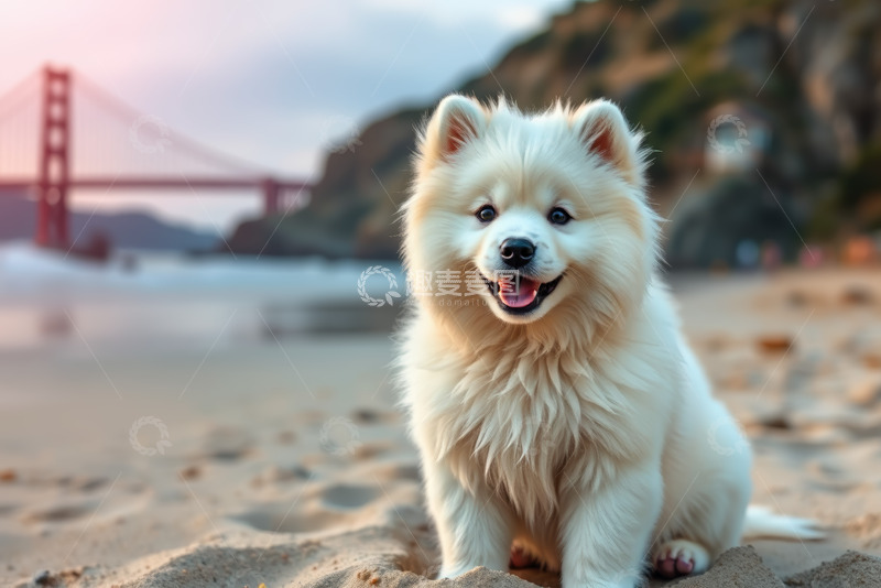 高清大图下载【趣麦麦图】沙滩上的白色小狗与金门大桥