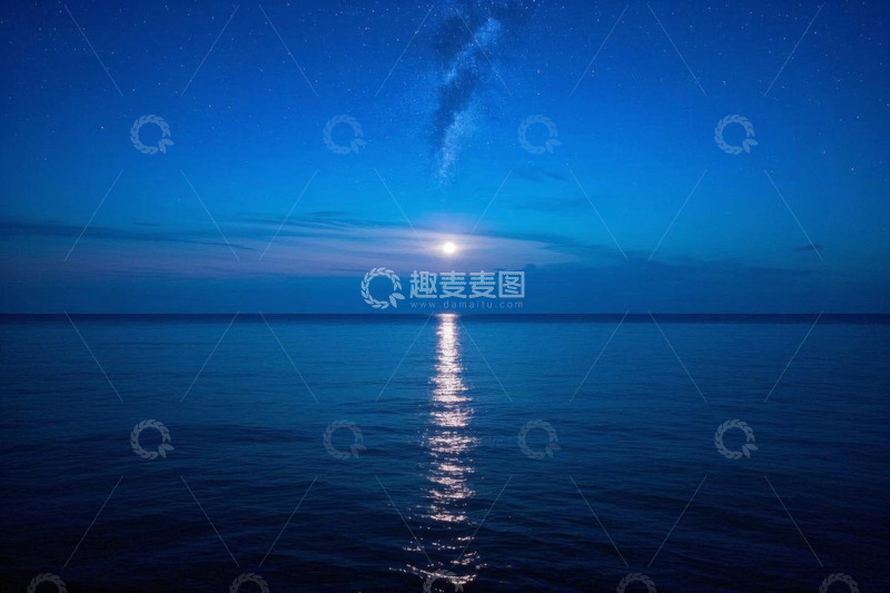 高清大图下载【趣麦麦图】月夜下宁静的海面星空