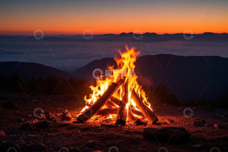 高清大图下载【趣麦麦图】山间暮色中的篝火景观