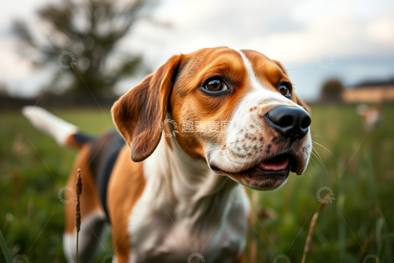 高清大图下载【趣麦麦图】户外草地上的比格犬特写