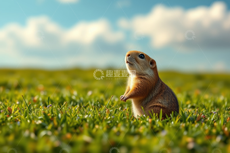 高清大图下载【趣麦麦图】草地上站立眺望的松鼠