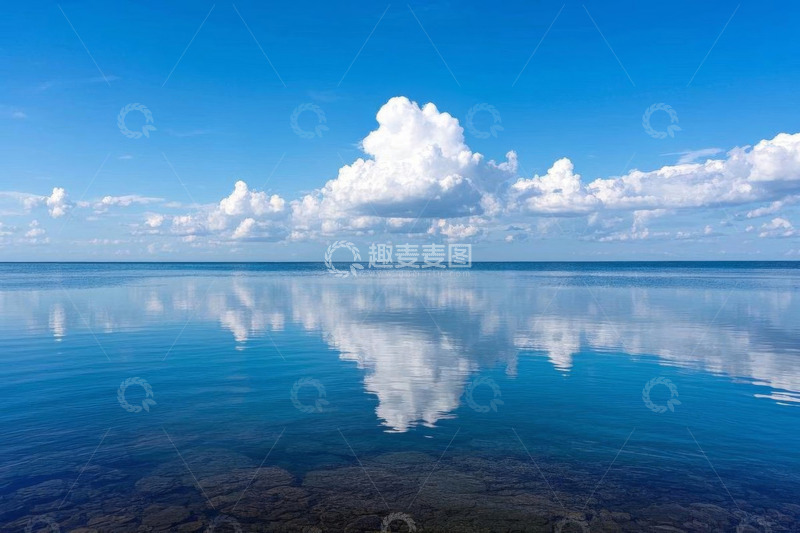 高清大图下载【趣麦麦图】蓝天白云下平静的海面景观