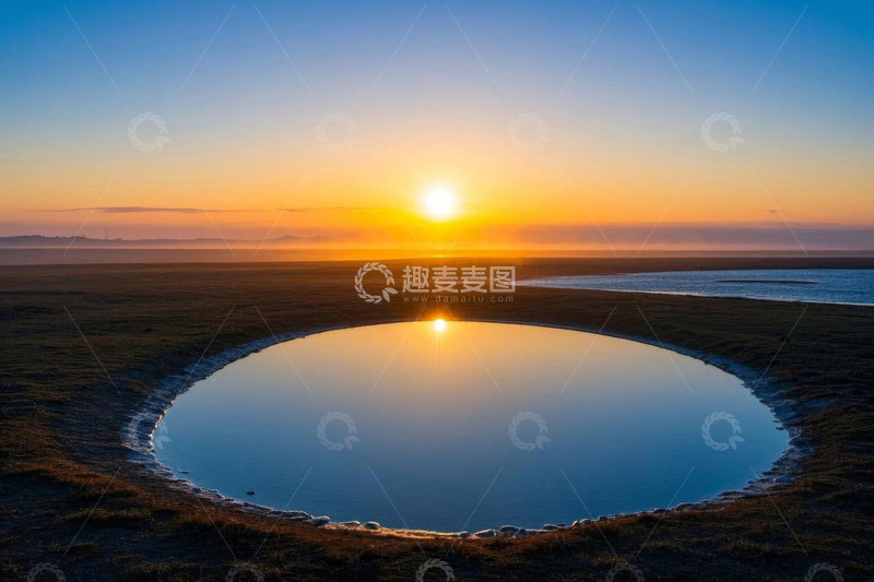 高清大图下载【趣麦麦图】日出时分草原上的圆形水塘