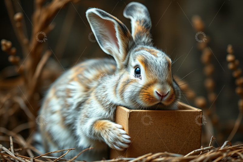 高清大图下载【趣麦麦图】可爱兔子倚靠纸箱特写