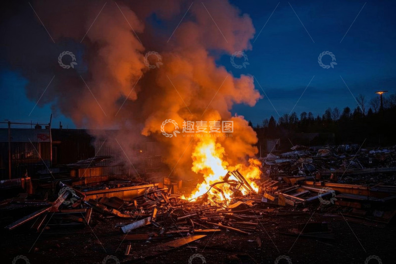 高清大图下载【趣麦麦图】夜晚废墟上的熊熊火焰