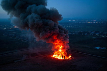 夜晚户外大火及围观人群