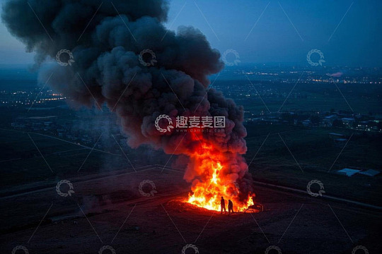 夜晚户外大火及围观人群
