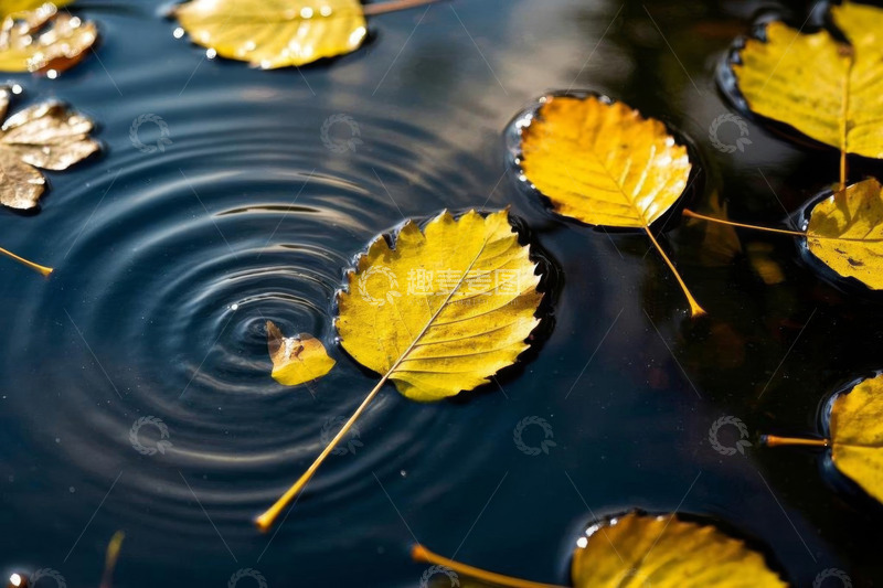 高清大图下载【趣麦麦图】水面漂浮的黄色落叶