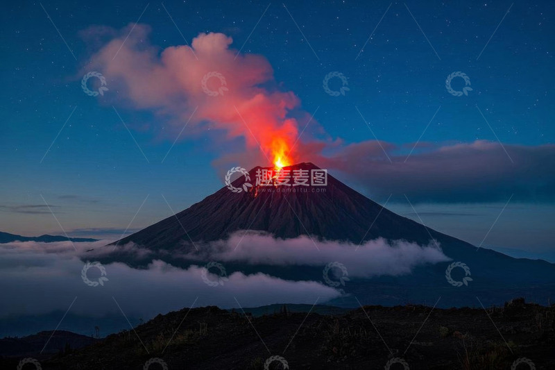 高清大图下载【趣麦麦图】夜空下喷发的火山与云雾