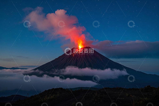 夜空下喷发的火山与云雾