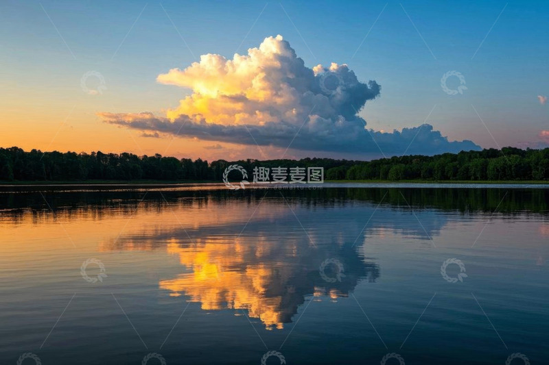 高清大图下载【趣麦麦图】湖面夕阳云彩倒影美景