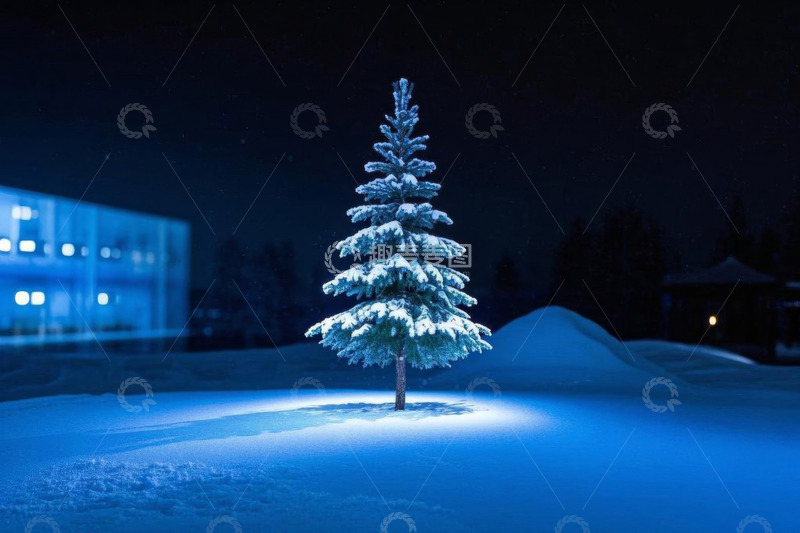 高清大图下载【趣麦麦图】雪夜中的积雪圣诞树