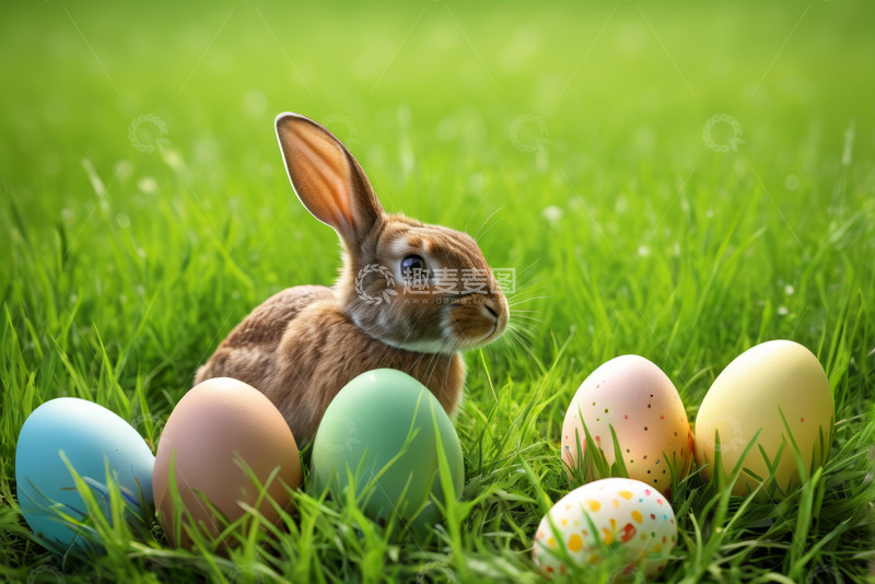 高清大图下载【趣麦麦图】草地上复活节兔子与彩蛋
