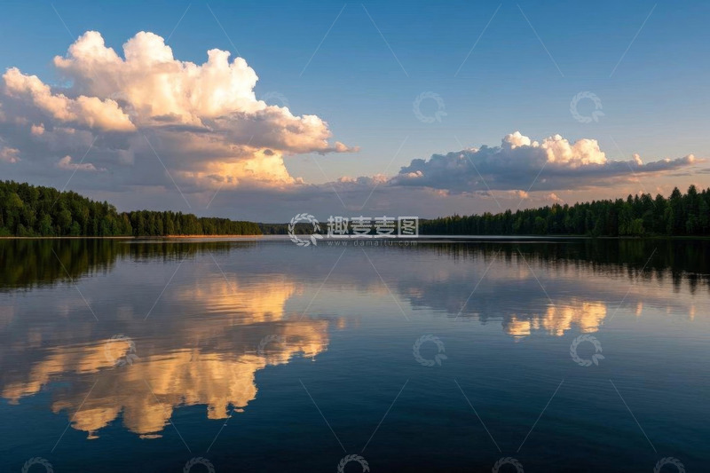高清大图下载【趣麦麦图】宁静湖泊与天空森林倒影景观