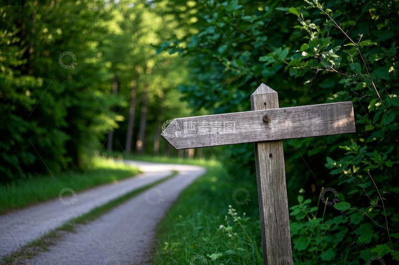高清大图下载【趣麦麦图】森林中木质路标与蜿蜒小路