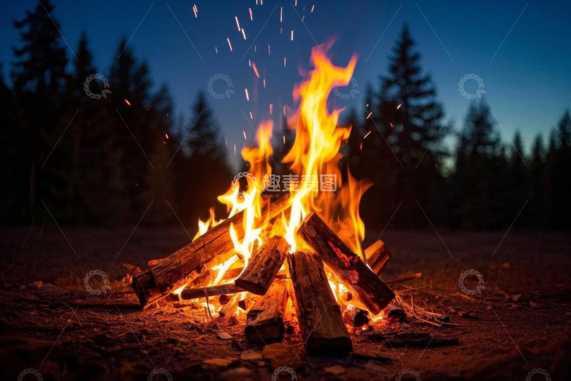 高清大图下载【趣麦麦图】户外森林中的篝火燃烧景象