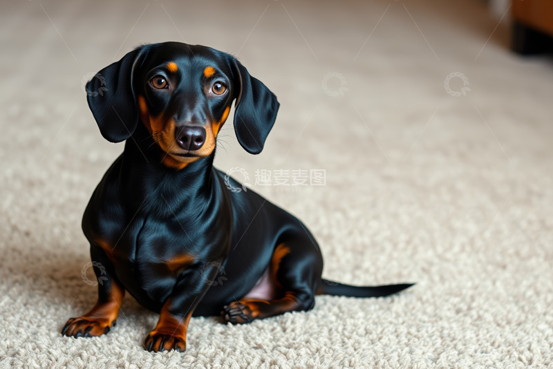 高清大图下载【趣麦麦图】黑色腊肠犬坐于地毯上