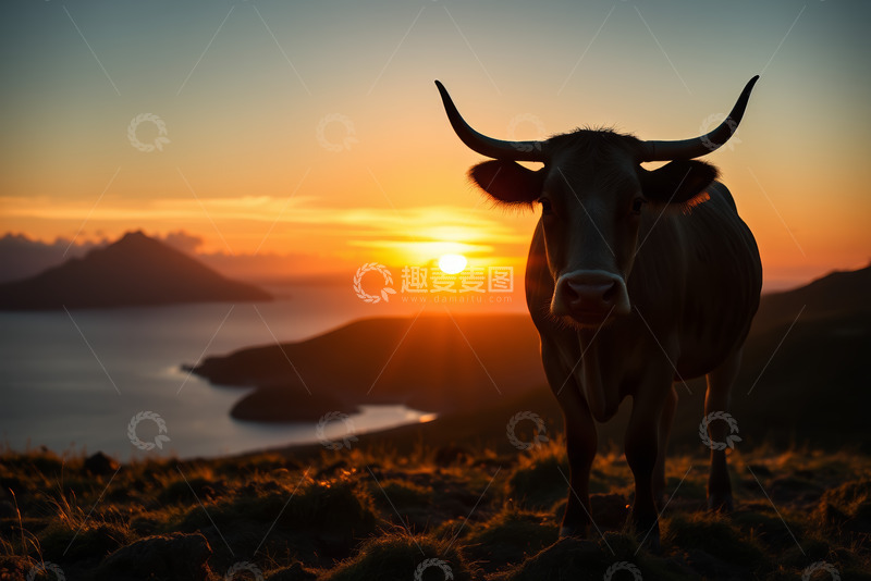 高清大图下载【趣麦麦图】夕阳下山坡上的牛