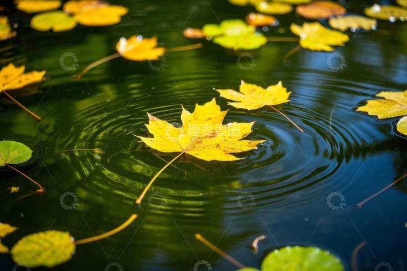 高清大图下载【趣麦麦图】水面漂浮的秋日黄色枫叶