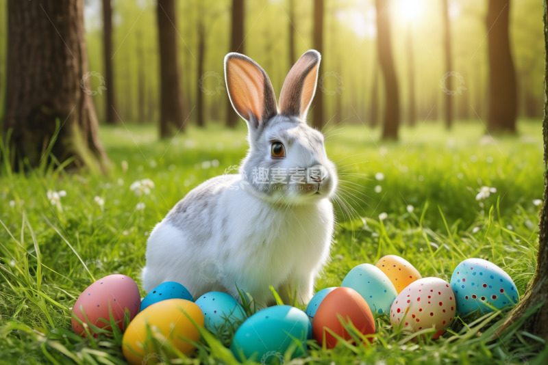 高清大图下载【趣麦麦图】草地上的兔子与彩蛋