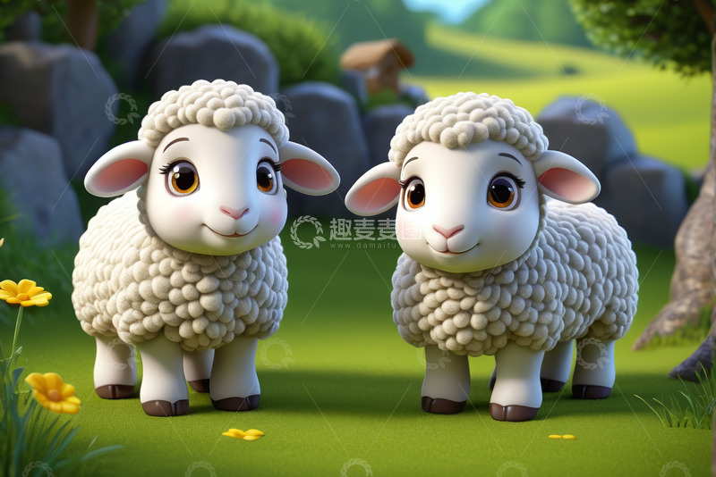 高清大图下载【趣麦麦图】田园中的两只卡通绵羊