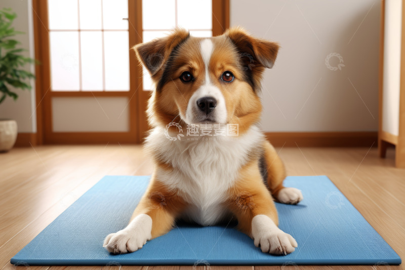 高清大图下载【趣麦麦图】室内瑜伽垫上的宠物狗