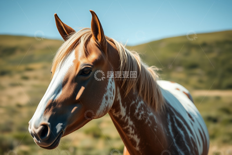 高清大图下载【趣麦麦图】草原上的棕白相间马特写